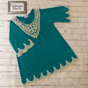 3/4 Sleeve Knit Top w/Lace Crochet Accents/Emerald